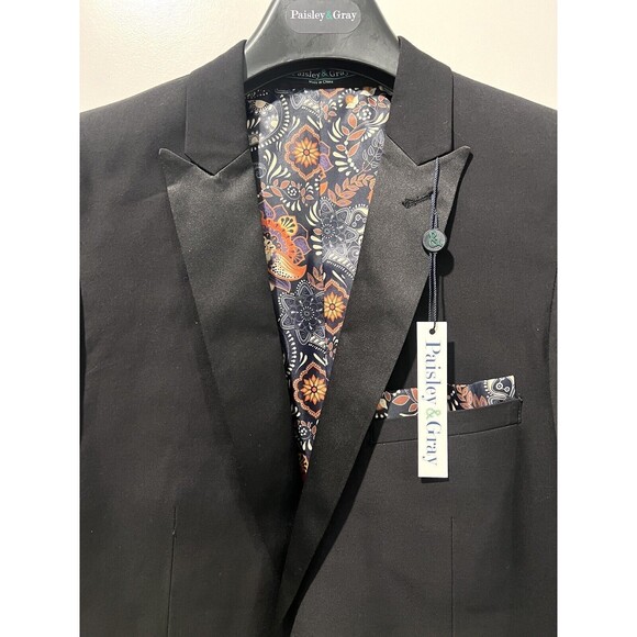 Paisley & Gray Men's Apparel Black Notch Trim Tuxedo Slim Fit Jacket Blazer 36R - Picture 3 of 13